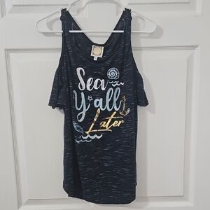 Navy Graphic Top with Gold and White Accents